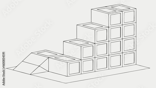 Isometric view of a staircase structure made of hollow blocks with a ramp at the base forming steps