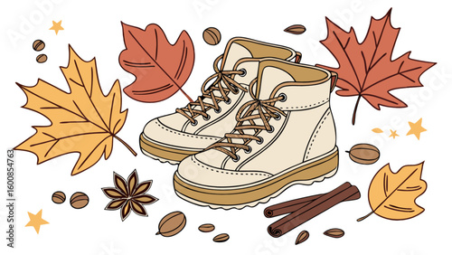Illustration of autumn boots with maple leaves, cinnamon sticks, star anise and coffee beans
