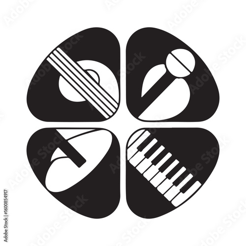 Black and white musical instruments including guitar microphone drums and piano in a clover shape