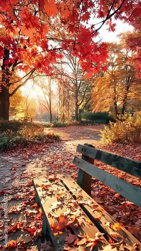 In a tranquil park, autumn leaves create a colorful carpet on the ground. A wooden bench invites visitors to relax and enjoy the beauty of the fall season as sunlight filters through the trees.