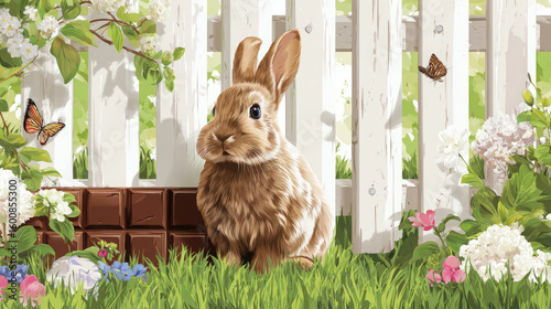 Cute Easter Bunny with Chocolate Bar and Flowers

