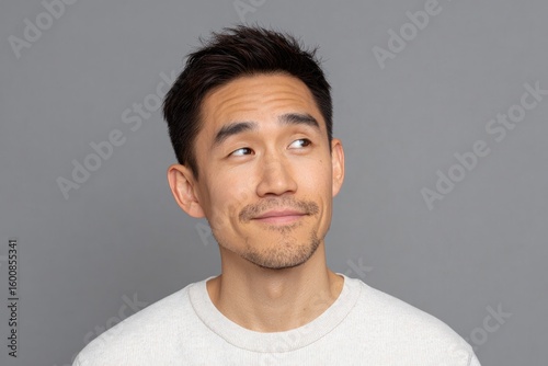 portrait of east asian man glancing sideways with raised eyebrows and small smile neutral backdrop and soft light