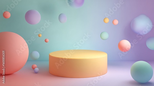Soft Pastel Spheres Floating Around a Yellow Podium in a Gradient Background