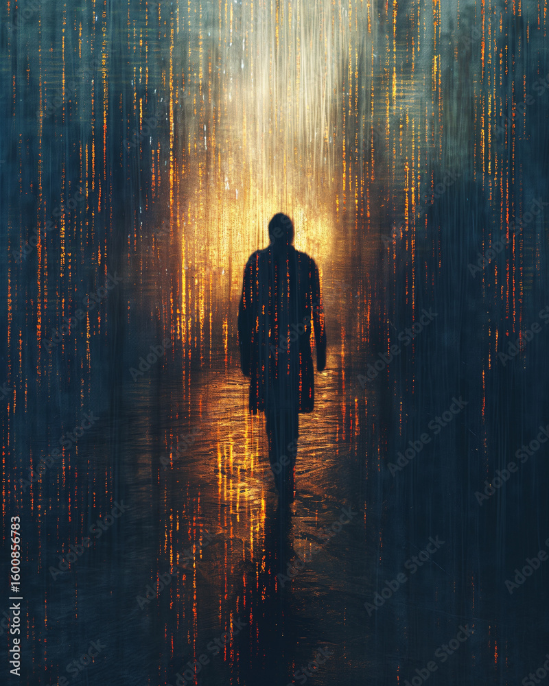 Fototapeta premium Courage concept background showing a person walking against a storm of digital code with glowing edges. Cinematic realism and heroic tone create a powerful, inspiring image.
