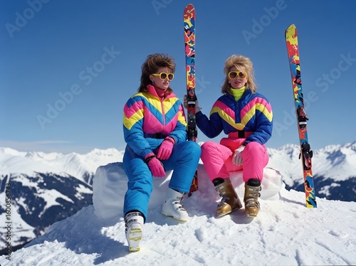 Colorful 1980s Ski Models on Snowy Hilltop Wearing Retro Bold Color-Blocked Outfits and Posing Confidently
