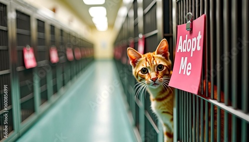 Cute orange tabby cat looking curiously from its cage with adopt me sign in animal shelter 