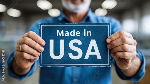 Man Holding Sign Indicating Made in USA in Industrial Setting