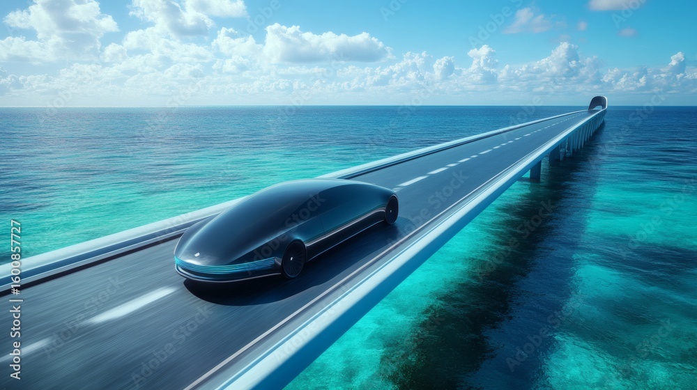 Fototapeta premium Futuristic vehicle on a sea bridge.