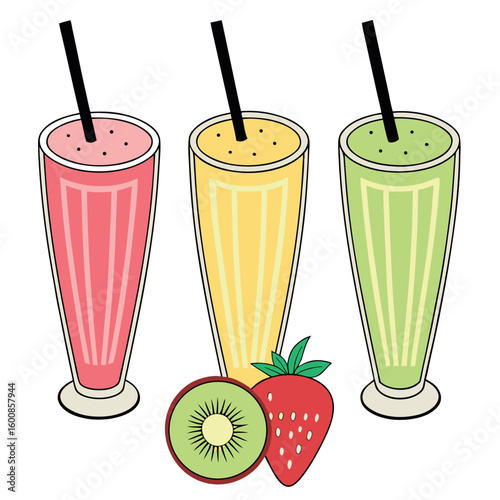 Three fruit smoothies stand together, showcasing kiwi and strawberry fruits, and are transparent