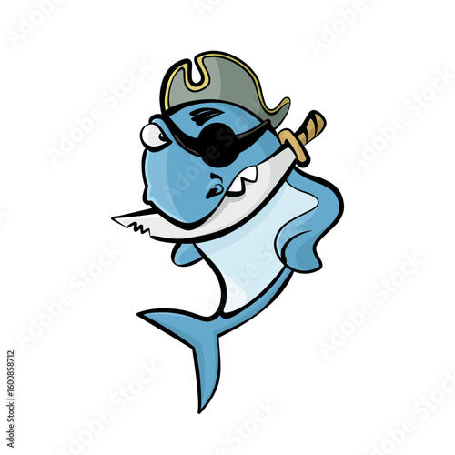 A vibrant cartoon shark dressed as a pirate displays a playful attitude. The character sports a hat, eye patch, and wields a sword, creating a fun and adventurous look