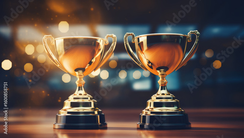 Two gleaming gold trophies stand ready, symbolizing achievement, victory, and ultimate success in a celebratory setting.