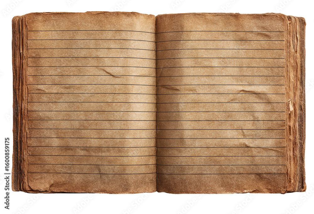 Naklejka premium Open antique journal, aged brown paper, lined pages