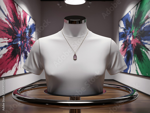 White t-shirt on futuristic rotating mannequin with necklace and artistic background
