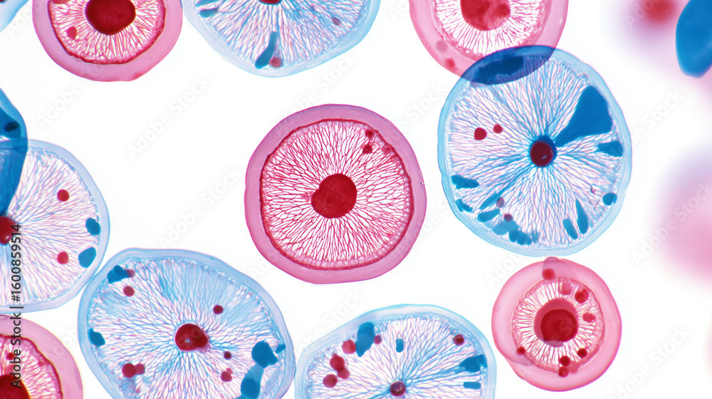 Fototapeta premium Research explores the rejuvenating effects of gold-infused blood cells, highlighting their unique structure and vibrant colors. The study focuses on cellular regeneration for youth preservation.