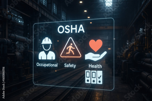 Occupational safety and health concept with icons of worker, caution sign, and heart in hand displayed in industrial factory environment with dim lighting and machinery