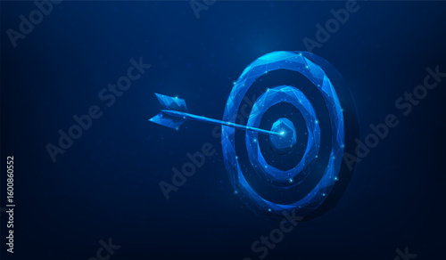 Target Goal With Arrow low poly wireframe technology blue background. dartboard vision mission complete concept. vector illustration fantastic technology.