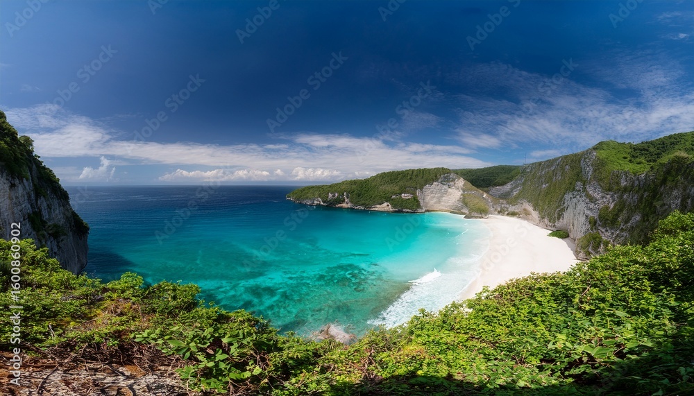 Fototapeta premium a breathtaking vista of turquoise waters lapping at pristine white sand framed by dramatic cliffs and lush greenery perfect for travel vacation and nature themes ocean exotic