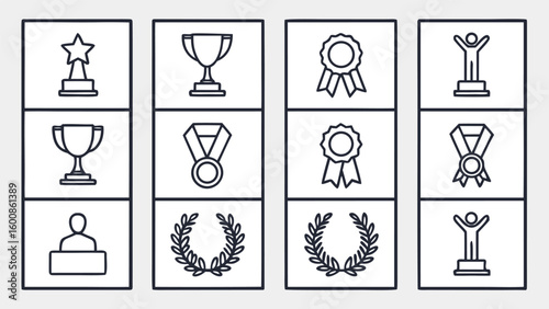 Collection of award icons set featuring trophy and laurel wreath drawn sports in outline style