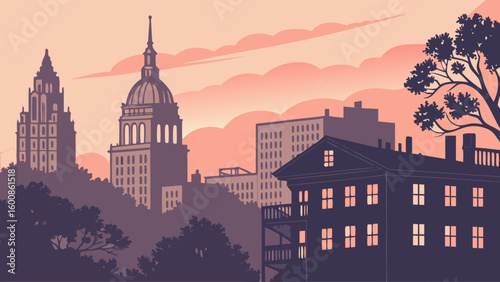 City silhouette with buildings and trees under a pastel sky at dusk in a minimalist style art work