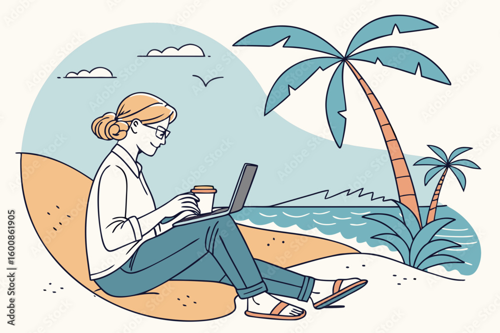 Obraz premium Woman working on a laptop sitting on a beach with palm trees and the ocean in the background scene view