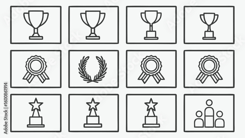 Collection of award icons set featuring trophy and laurel wreath drawn sports in outline style