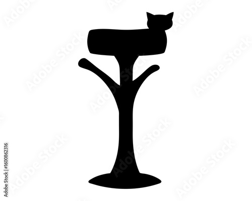 A silhouette of a cat sitting on a tall cat tree