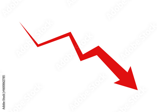 Red downward jagged arrow icon symbolizing decline, loss, negative trend, financial drop, and business decrease