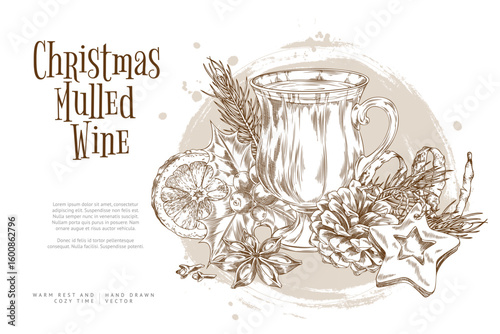 Vector monochrome sketch of banner with mulled wine, holly, anise, orange, pine cone, cookies.