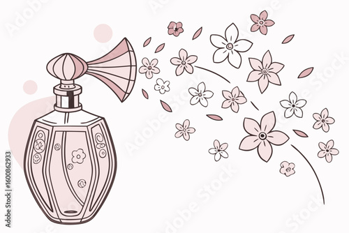 Elegant perfume bottle with atomizer and floral scent trail in a delicate pink color palette design