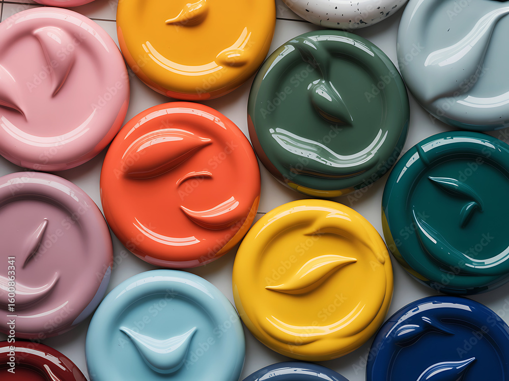 Colorful abstract circular ceramic pieces with swirl detail in geometric layout Colorful abstract circular ceramic pieces with swirl detail in geometric layout