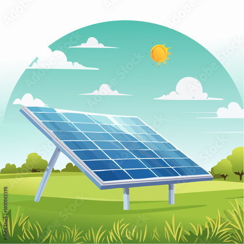 Solar panel in a lush green field under a blue sky with clouds