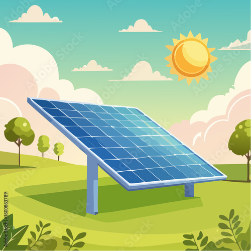 Solar panel in a lush green field under a blue sky with clouds