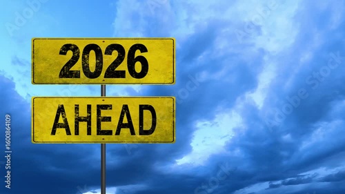 New year 2026 or straight forward concept. Text 2025 to 2026 road sign with time lapse clouds moving in 4K. Concept of planning, goal, challenge, new year resolution and start.