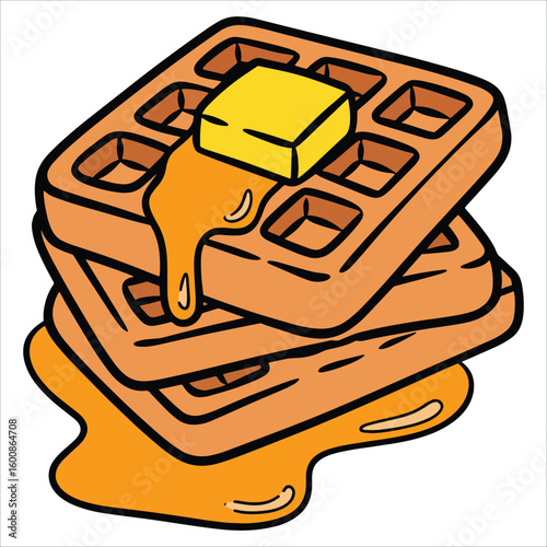 Flat vector illustration of Belgian waffles with butter and syrup, perfect for healthy breakfast visuals, sweet treats, and food themed artwork