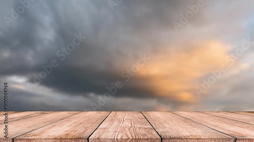 Wooden tabletop on focus with blurred defocused nature background. Table template. Tabletop montage for product presentation in 4K.