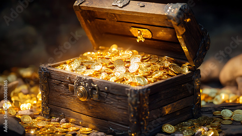  An open wooden treasure chest overflowing with shiny gold coins and jewels 