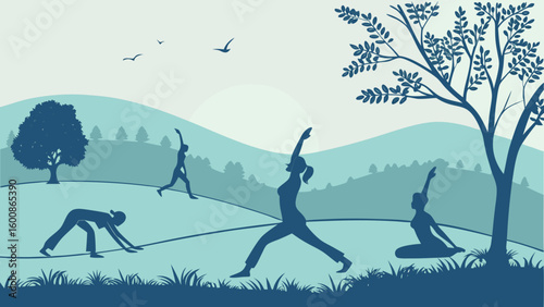 Silhouette illustration of people doing yoga poses in a park with trees and mountains in the background
