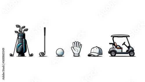 Illustrative golf equipment set featuring bag clubs ball glove cap and cart for recreational sport design