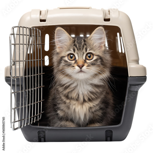 Fluffy kitten in carrier, ready for adventure!