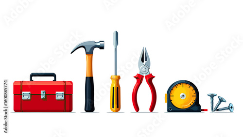 Handyman tools kit including toolbox hammer screwdriver pliers tape measure and screws for home repair tasks