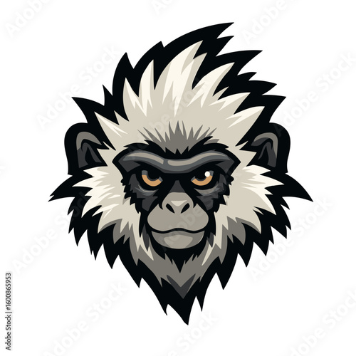 Stylized illustration of a gibbon head with prominent fur details in a striking design