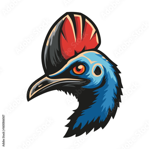 Unique illustration of a cassowary with vibrant colors during daylight showcasing its distinct features and demeanor