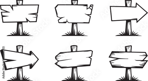 Vector Set of Hand-Drawn Wooden Directional Signs