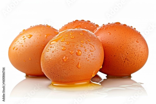 Shiny fresh chicken eggs on a clean white background showcasing their reflective surface