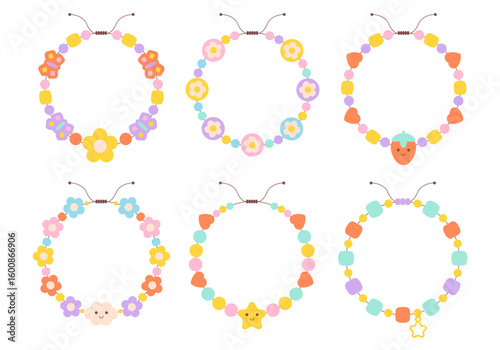 Kids jewelry. Plastic beads decorating handmade fashioned elements 90s style jewelry. friendship bracelets and letter beads