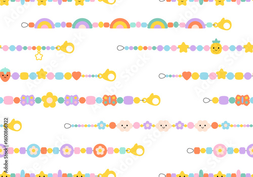 Seamless pattern with Kids jewelry. Plastic beads decorating handmade fashioned elements 90s style jewelry. friendship bracelets and letter beads