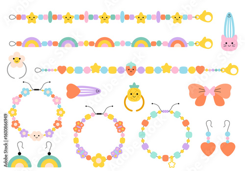 Set of cute girly accessories rings, earrings, necklaces, hairpins, bracelets. Vector illustration