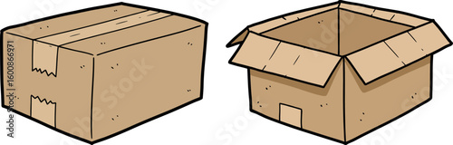 Cartoon cardboard boxes, one closed and one open
