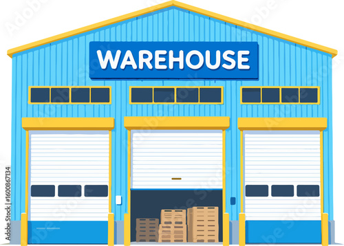 Warehouse Building in Illustration: A bright and inviting warehouse building is displayed with prominent WAREHOUSE signage, showcases a modern storage facility with open doors