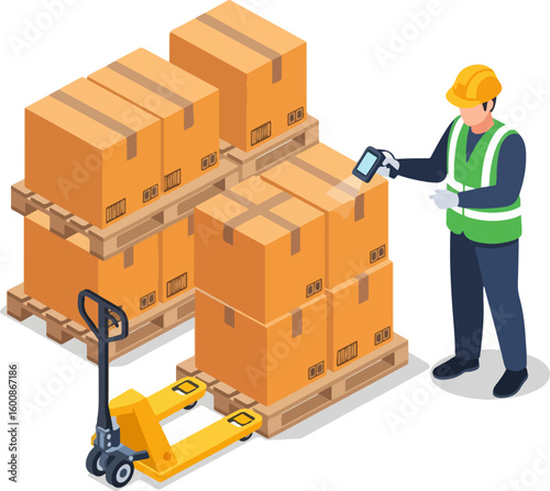 Warehouse Logistics: Efficient warehouse worker scans a box on a pallet. Boxes neatly stacked, ready for shipment or storage, while a pallet jack stands by for easy relocation.